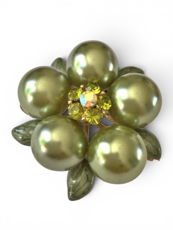 Source Unknown Jewelry - Vintage Faux Pearl & Enamel Floral Brooch • AB & Peridot Rhinestones
